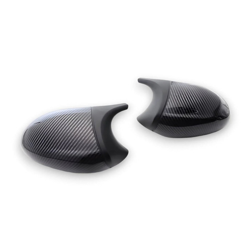 BMW E9X Gloss Black Carbon Print Mirror Caps installed on side mirror
