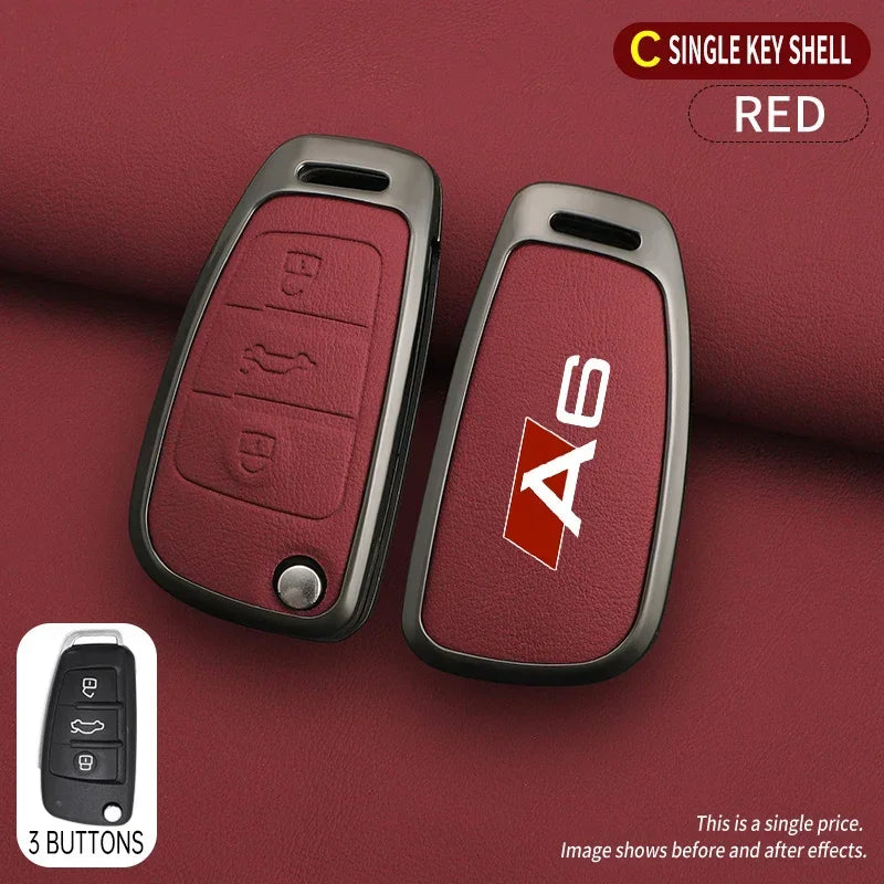 Zinc alloy & leather car key cover for Audi A6 / S6 / RS6 – protective case with key chain