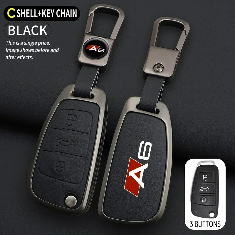 Zinc alloy & leather car key cover for Audi A6 / S6 / RS6 – protective case with key chain