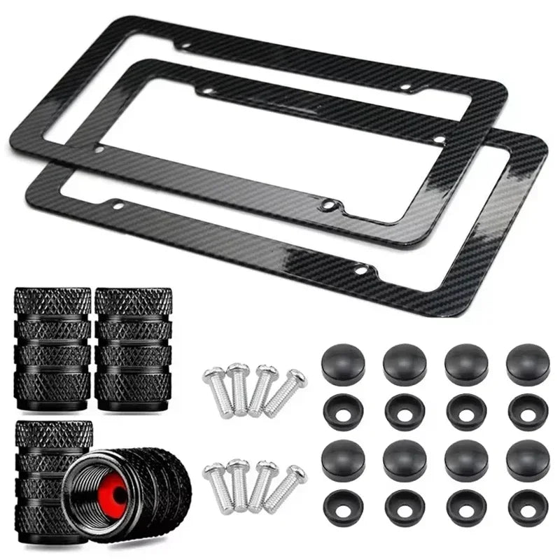 Carbon Look License Plate Frame – Universal Car Number Plate Holder with Screw Kit