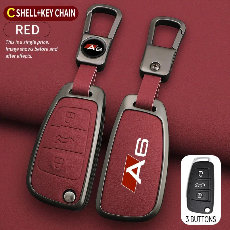 Zinc alloy & leather car key cover for Audi A6 / S6 / RS6 – protective case with key chain
