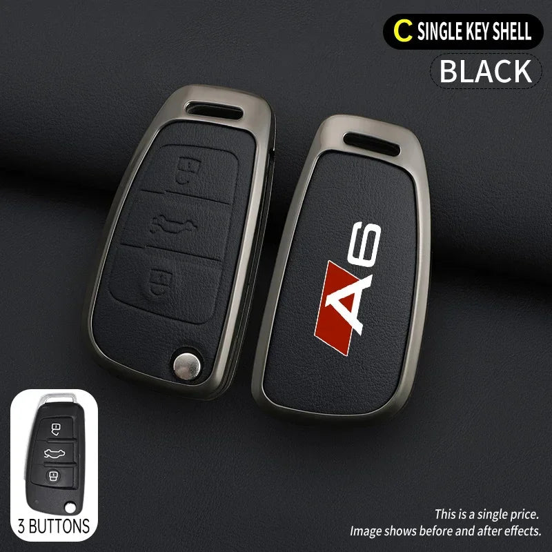 Zinc alloy & leather car key cover for Audi A6 / S6 / RS6 – protective case with key chain