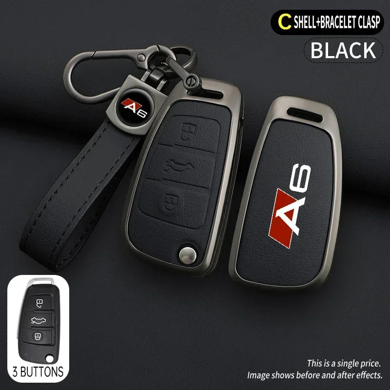Zinc alloy & leather car key cover for Audi A6 / S6 / RS6 – protective case with key chain