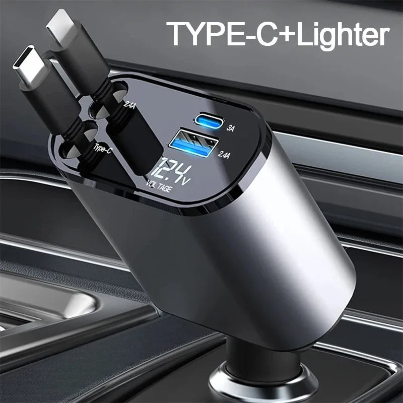 USB car charger with retractable cable and 100W fast charging