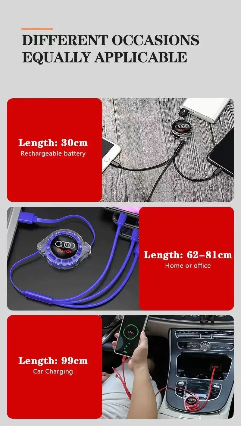 3-in-1 USB charging cable for Audi – multi-charger with Type-C, Micro-USB & Lightning connector