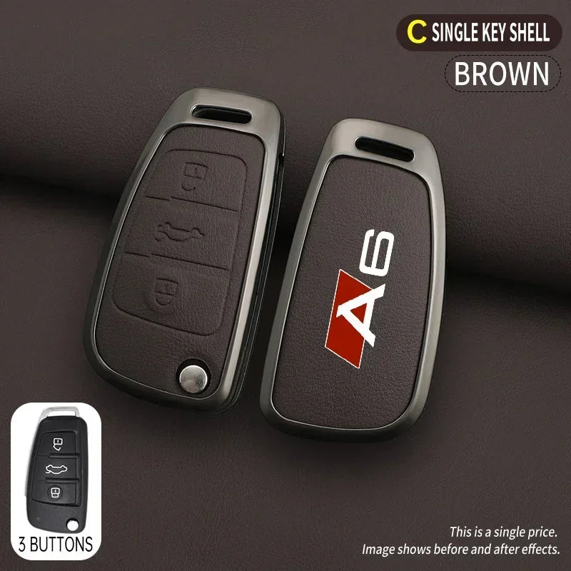 Zinc alloy & leather car key cover for Audi A6 / S6 / RS6 – protective case with key chain