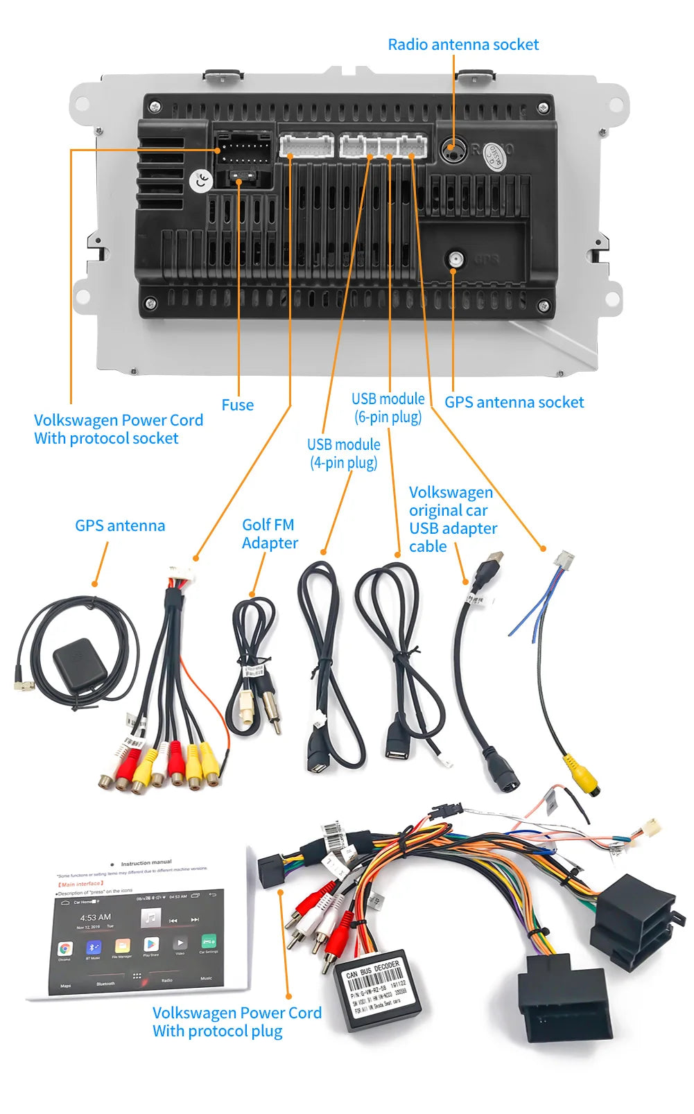 Android multimedia system for Volkswagen with CarPlay, Android Auto & GPS