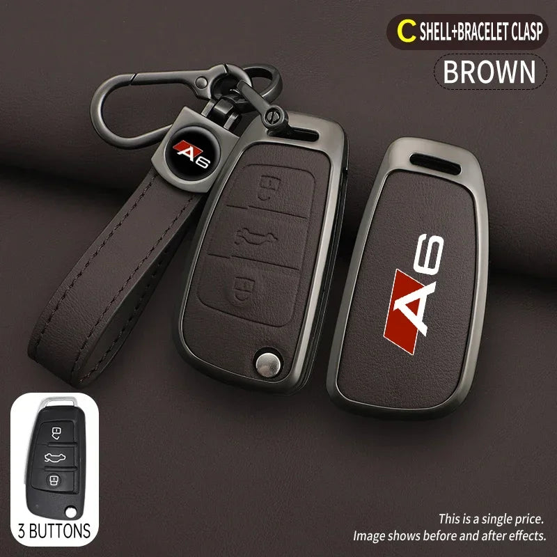 Zinc alloy & leather car key cover for Audi A6 / S6 / RS6 – protective case with key chain