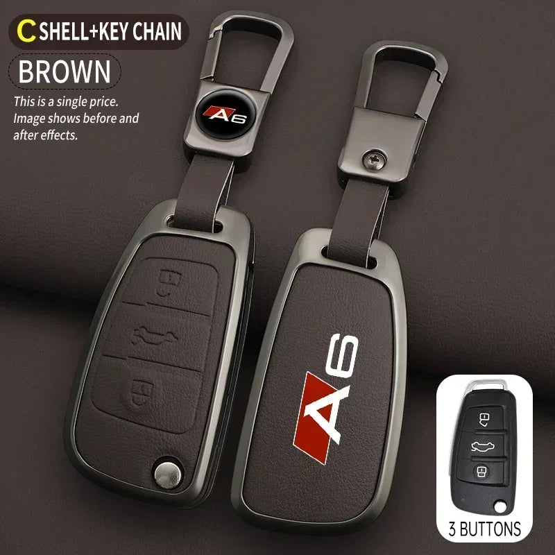 Zinc alloy & leather car key cover for Audi A6 / S6 / RS6 – protective case with key chain