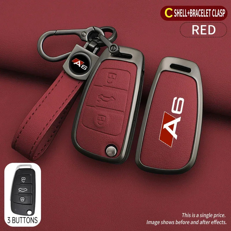 Zinc alloy & leather car key cover for Audi A6 / S6 / RS6 – protective case with key chain
