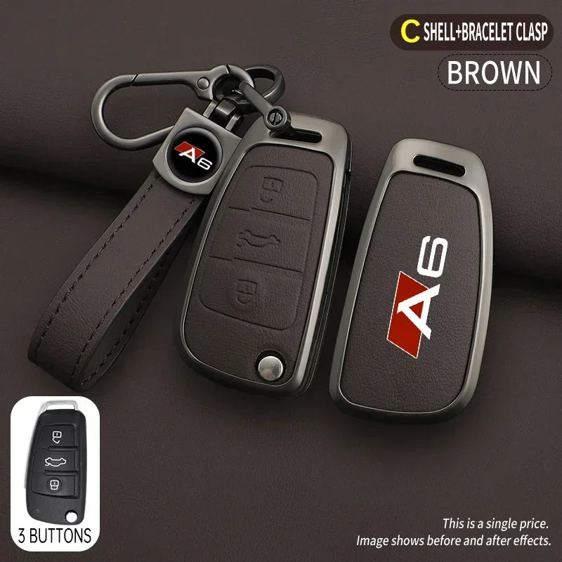 Zinc alloy & leather car key cover for Audi A6 / S6 / RS6 – protective case with key chain