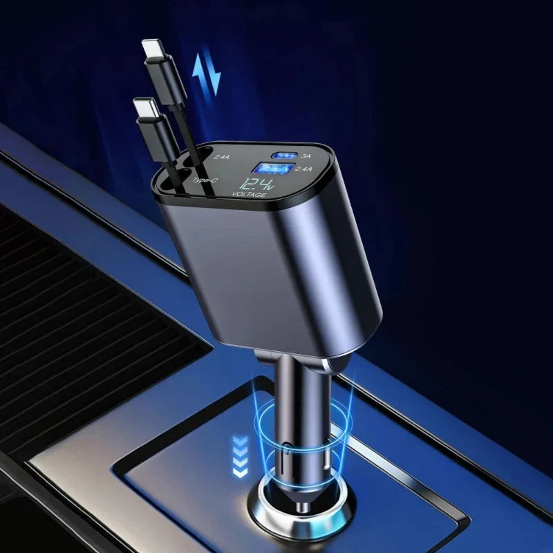 USB car charger with retractable cable and 100W fast charging