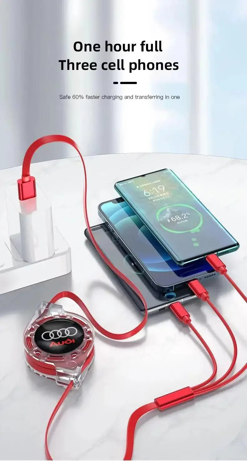 3-in-1 USB charging cable for Audi – multi-charger with Type-C, Micro-USB & Lightning connector