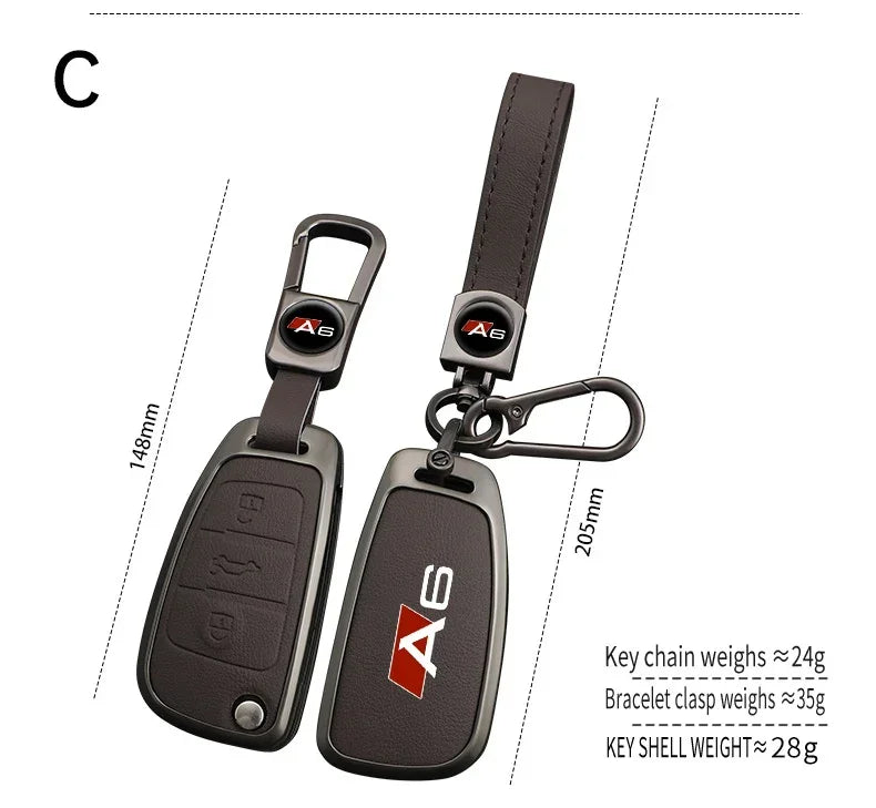Zinc alloy & leather car key cover for Audi A6 / S6 / RS6 – protective case with key chain