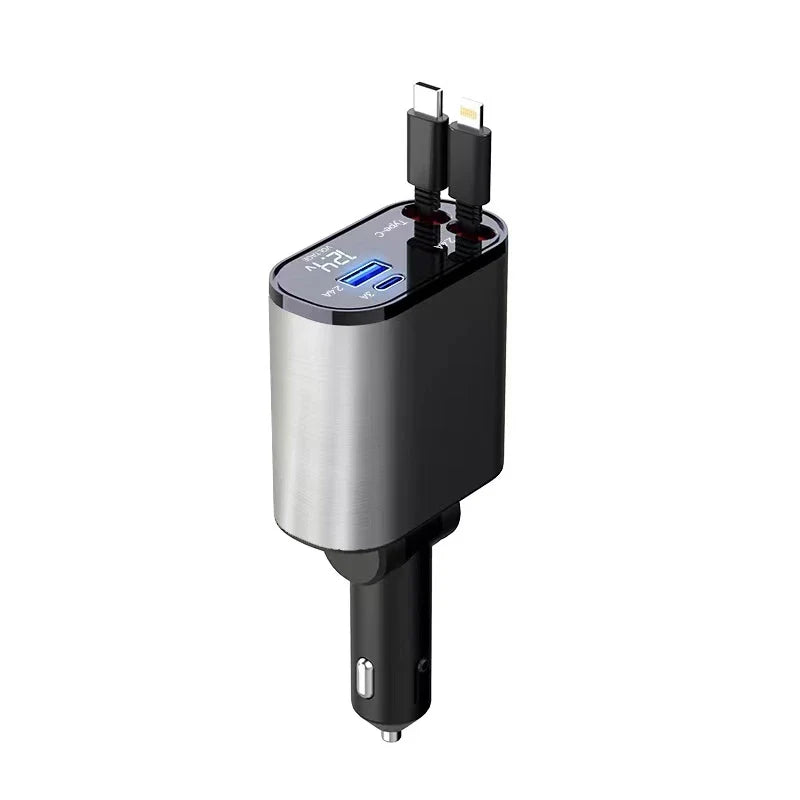 USB car charger with retractable cable and 100W fast charging
