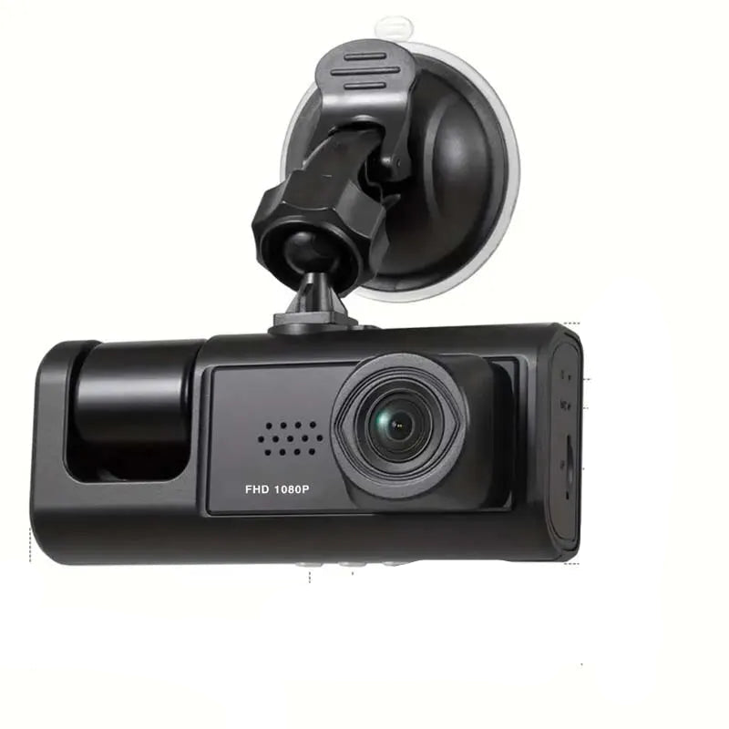 1080P dual dash cam with front and cabin cameras, infrared night vision, loop recording and wide-angle Full HD recording for vehicle security.