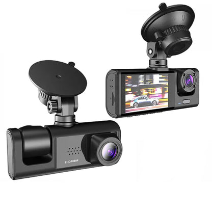 1080P dual dash camera installed in car recording front and rear view with screen for driving safety and protection.