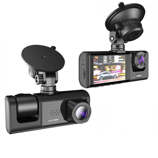 1080P dual dash camera installed in car recording front and rear view with screen for driving safety and protection.