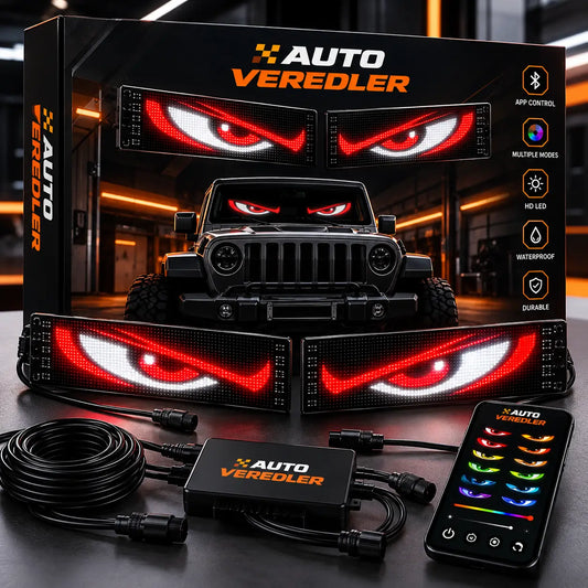 AUTOVEREDLER Eyes animated LED display showing red glowing eyes on car windshield
