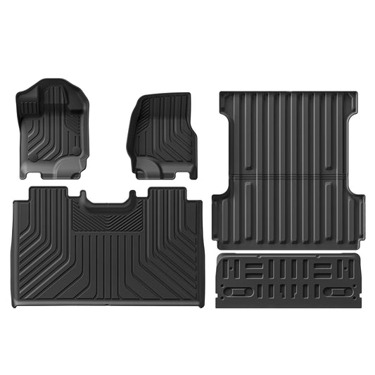 Custom-fit all-weather floor mats and truck bed liner for Ford F-150 (2015–2024) with waterproof TPE construction and anti-slip protection.