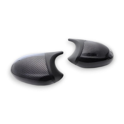 BMW E9X Gloss Black Carbon Print Mirror Caps installed on side mirror