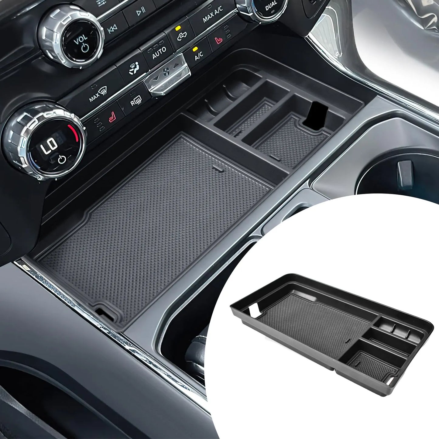Custom-fit center console organizer tray for Ford F-150 and F-150 Lightning with ABS construction, anti-slip inserts and multiple storage compartments.