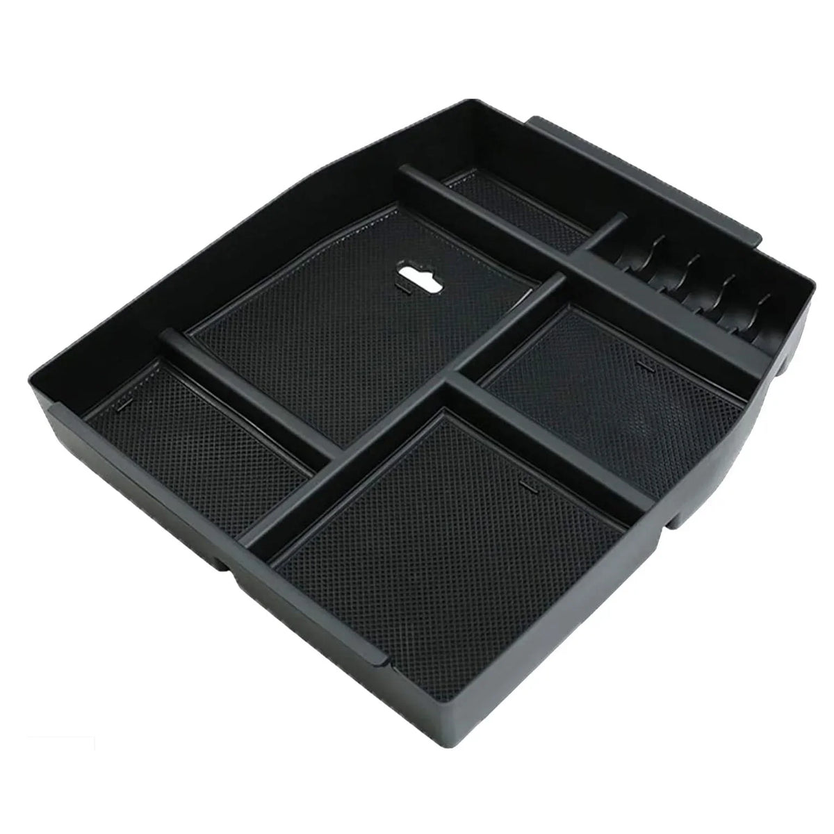 Custom center console organizer tray for Ford F-150 and Raptor (2015–2020) with durable ABS construction, anti-slip rubber liners and multiple storage compartments.