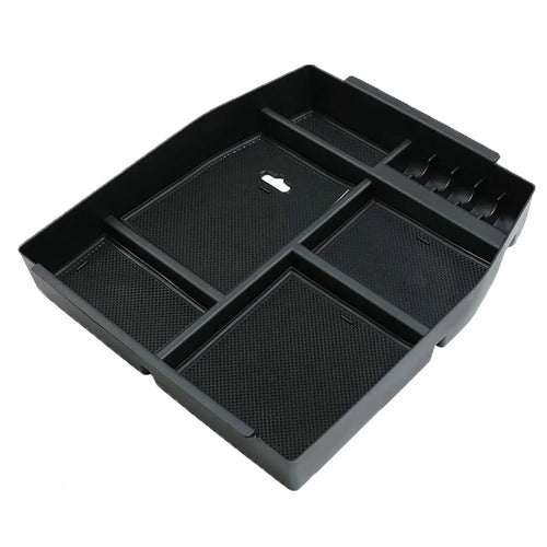 Custom center console organizer tray for Ford F-150 and Raptor (2015–2020) with durable ABS construction, anti-slip rubber liners and multiple storage compartments.