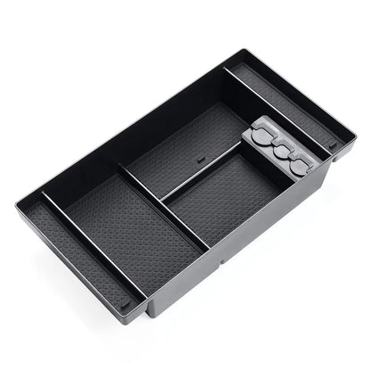 Dual layer center console organizer tray for Chevy Silverado 1500 and GMC Sierra 1500 2019 to 2022.
