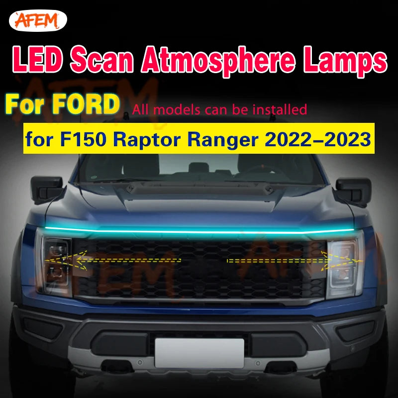 Dynamic LED hood light strip for Ford F-150, Raptor and Ranger featuring a scanning startup animation, bright daytime running lights and weather-resistant design.
