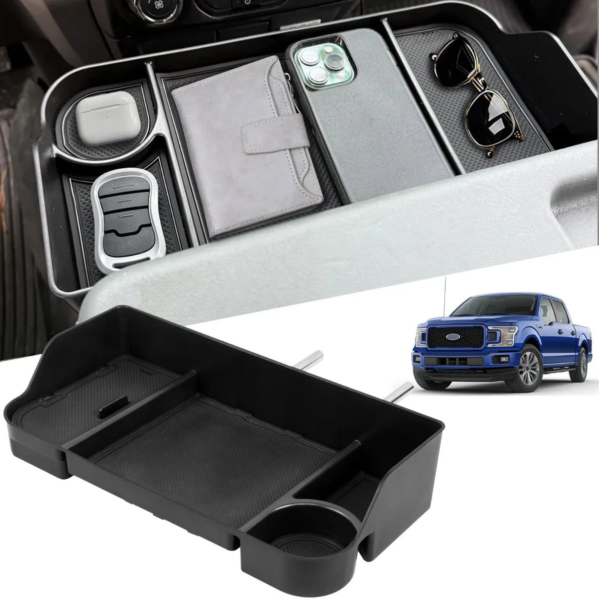 Front console organizer tray for Ford F-150, F-250, F-350, F-450, F-550 and F-650 with durable ABS construction and multiple storage compartments.