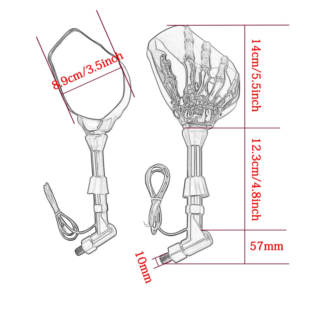 LED Skeleton Claw Motorcycle Mirrors – Universal 10mm Rearview Mirror Set
