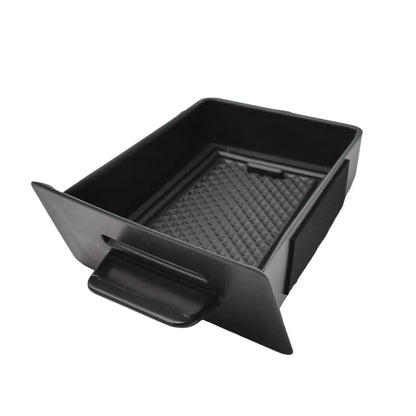 Hidden sliding center console drawer organizer for Ford F-150 (2015–2020) with coin holder, anti-slip liners and custom OEM-style fit.