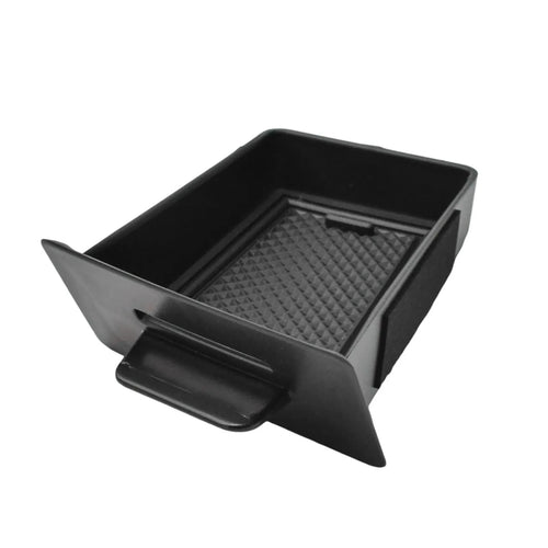 Hidden sliding center console drawer organizer for Ford F-150 (2015–2020) with coin holder, anti-slip liners and custom OEM-style fit.