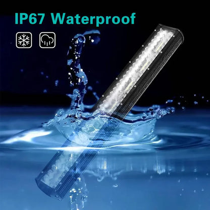 High-power LED off-road light bar with spot and flood beam, 6000K white lighting and waterproof aluminum housing for trucks, SUVs, ATVs and 4x4 vehicles.