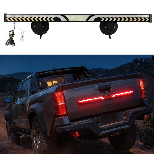 LED tailgate light bar with sequential amber turn signals, red brake lights and white reverse lights for Ford F-150, F-250 and F-350 trucks.