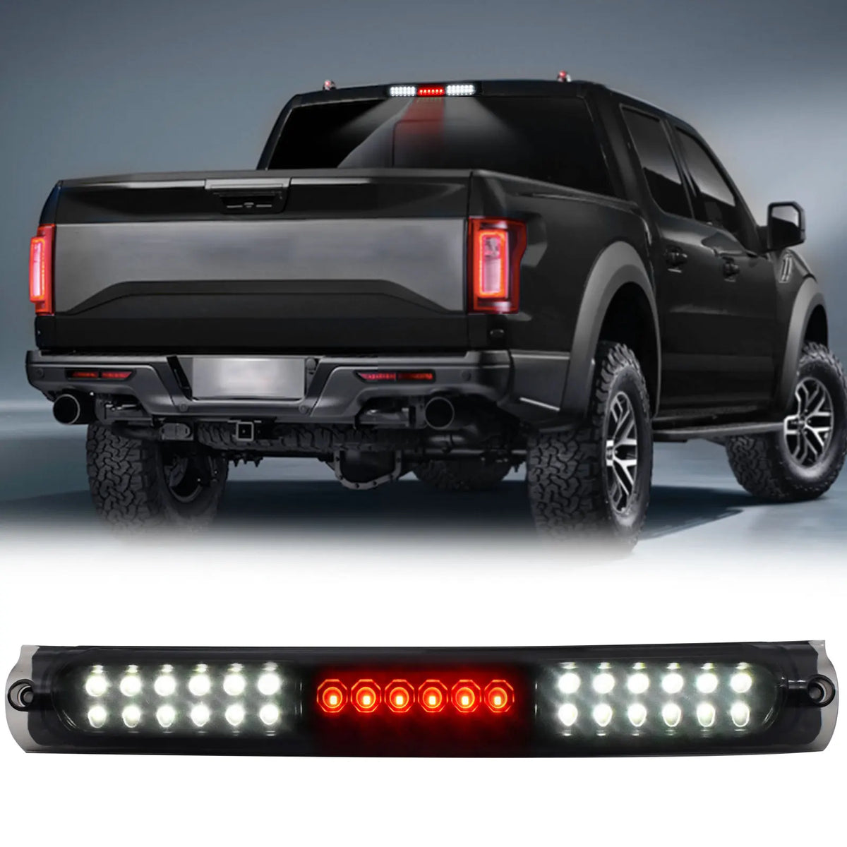 LED third brake light with integrated cargo lights, smoked lens and black housing for Ford F-150, F-250 and Ford Excursion.