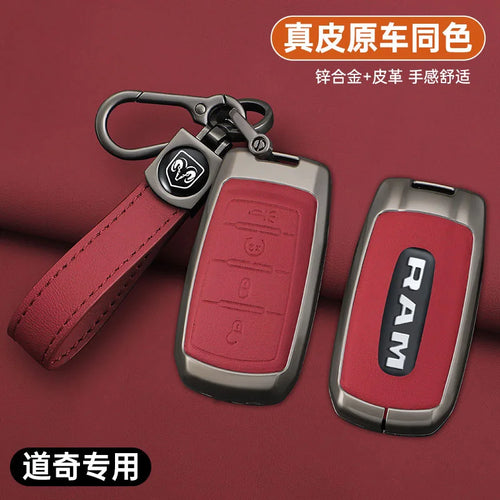 Leather and zinc alloy key fob protective cover for Ram 1500 2500 3500 4500 5500 TRX and Rebel truck keys.