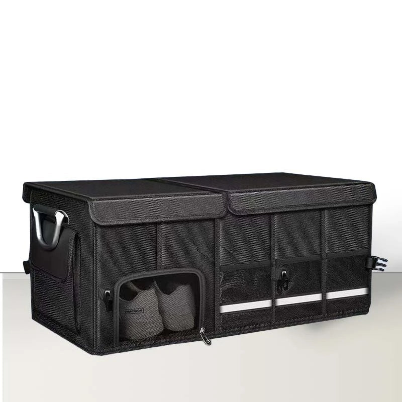 Portable foldable car trunk organizer made from waterproof Oxford cloth with large-capacity storage for groceries, camping, fishing and travel gear.