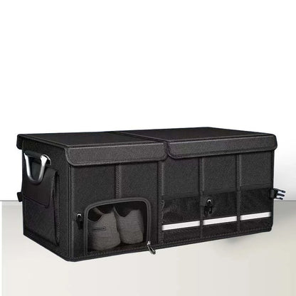 Portable foldable car trunk organizer made from waterproof Oxford cloth with large-capacity storage for groceries, camping, fishing and travel gear.