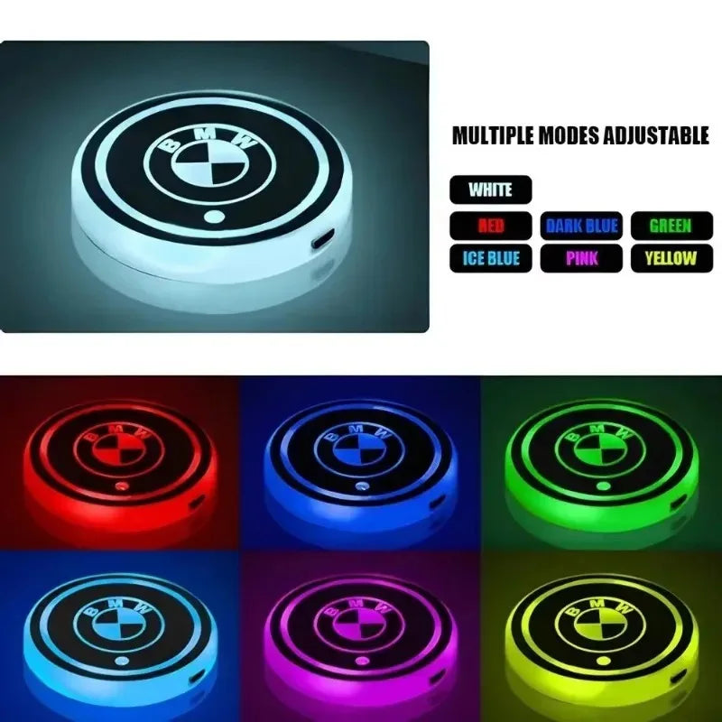 7-Color LED Cup Holder Lights – USB Rechargeable Ambient Coasters for BMW