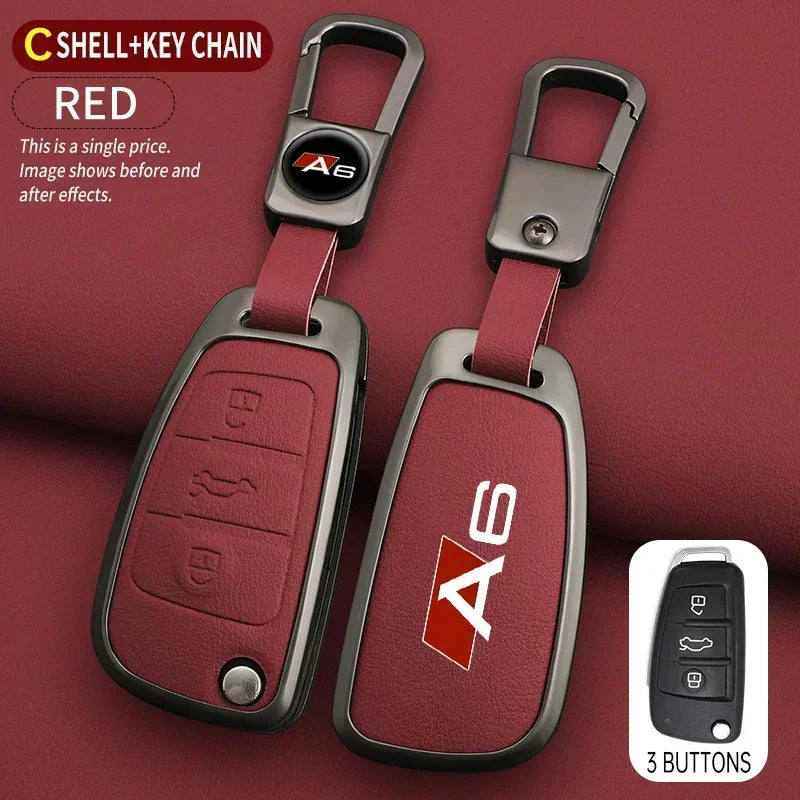 Zinc alloy &amp; leather car key cover for Audi A6 / S6 / RS6 – protective case with key chain