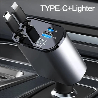 USB car charger with retractable cable and 100W fast charging