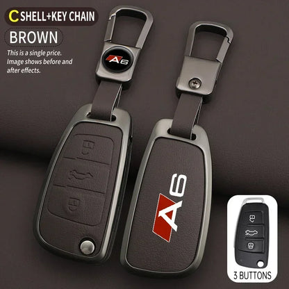 Zinc alloy &amp; leather car key cover for Audi A6 / S6 / RS6 – protective case with key chain