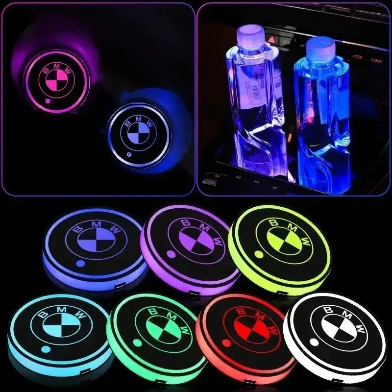 7-Color LED Cup Holder Lights – USB Rechargeable Ambient Coasters for BMW