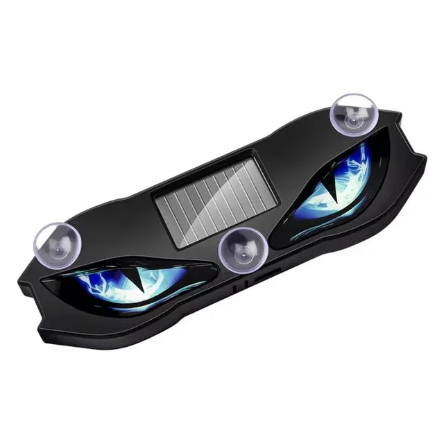 Solar Powered RGB Demon Eye LED car light with dynamic animated lighting, USB-C charging, smart sensors and wireless windshield installation.