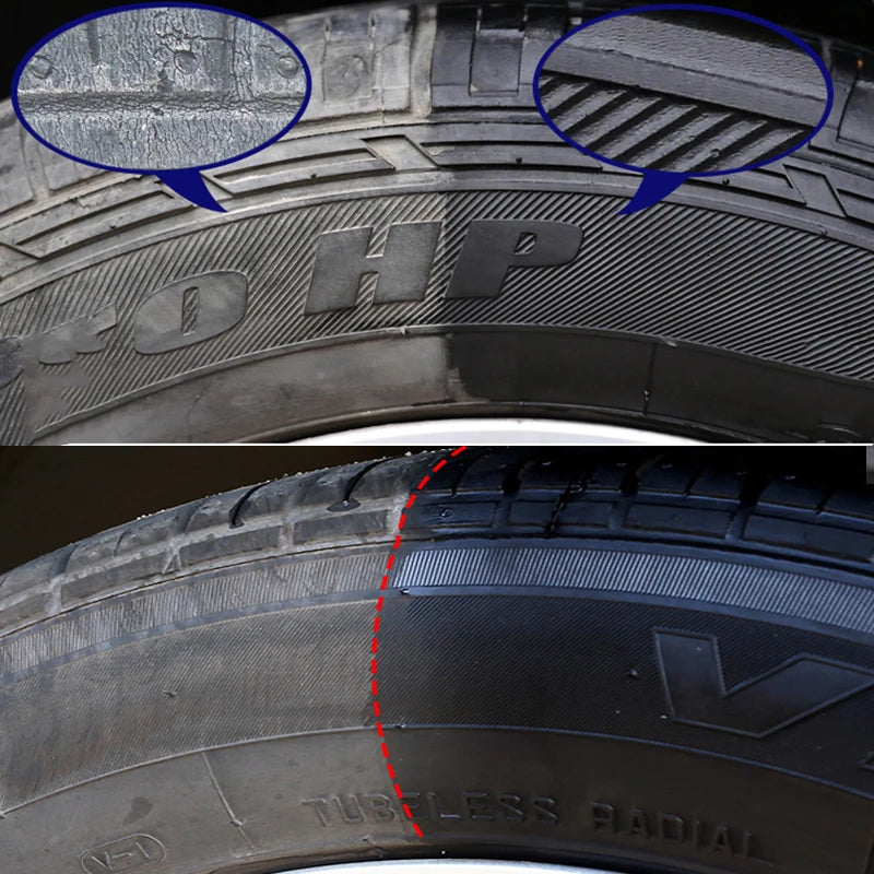 Tire Shine Spray restoring deep black gloss to car tires while protecting rubber and exterior plastic surfaces from fading and aging.