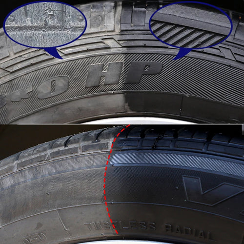 Tire Shine Spray restoring deep black gloss to car tires while protecting rubber and exterior plastic surfaces from fading and aging.