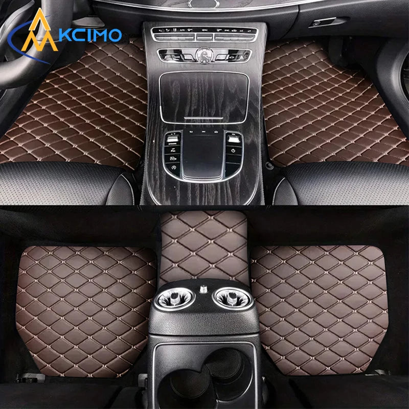 Universal PU leather car floor mats set installed inside vehicle, providing waterproof and dust-proof interior protection.