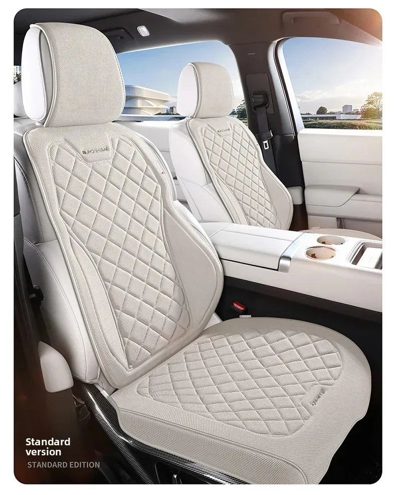 Universal breathable linen car seat cover installed on vehicle seat providing full protection and comfort for cars and SUVs.